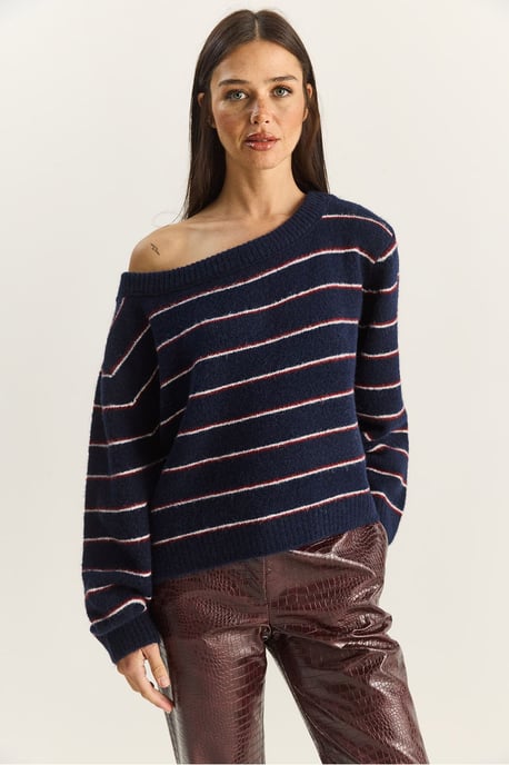 Oversized randig stickad tröja med asymmetrisk krage - Image 2