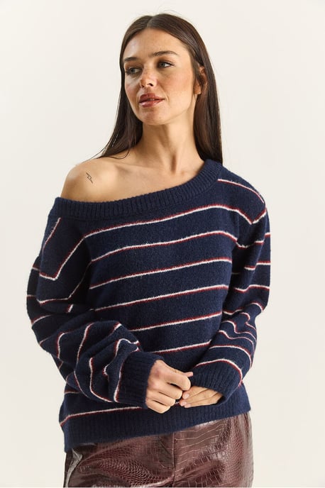 Oversized randig stickad tröja med asymmetrisk krage - Image 3