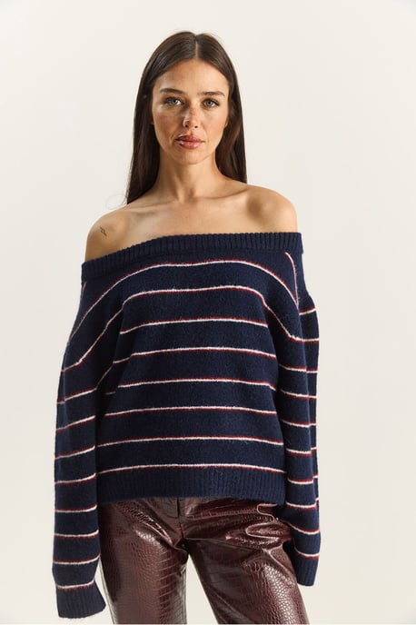 Oversized randig stickad tröja med asymmetrisk krage - Image 4