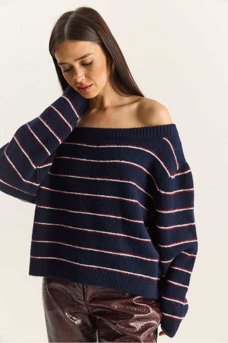 Oversized randig stickad tröja med asymmetrisk krage - Image 5