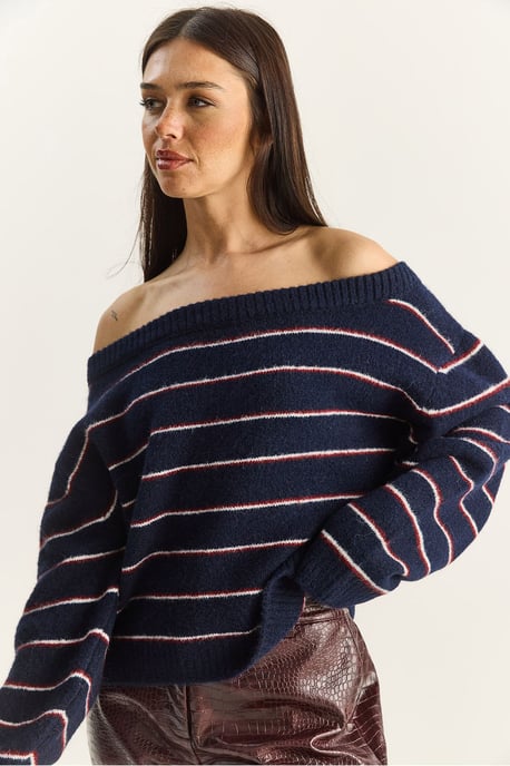 Oversized randig stickad tröja med asymmetrisk krage - Image 6