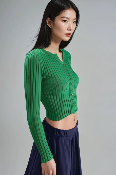 Fitted Ribbed Crop Sweater with Buttons - Image 2