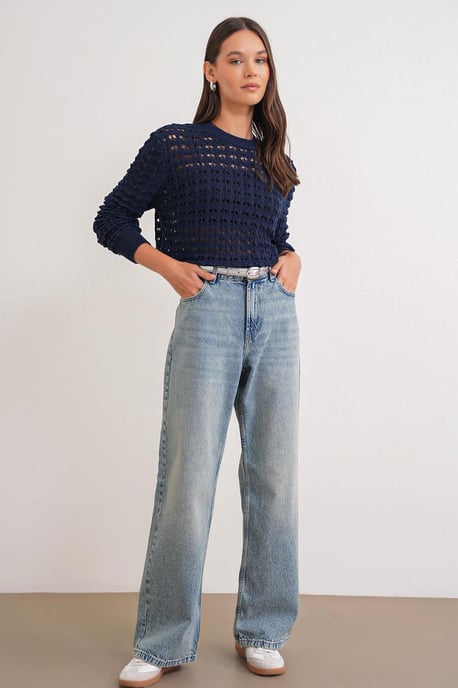 Gelaagd Gebreid Relaxed Crop Sweater met Ronde Hals - Image 2