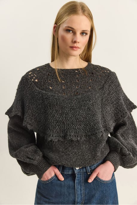 Ribbed Boat Neck Thick Sweater with Frilly Detail - Image 1