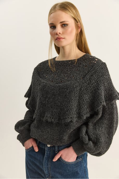 Ribbed Boat Neck Thick Sweater with Frilly Detail - Image 2