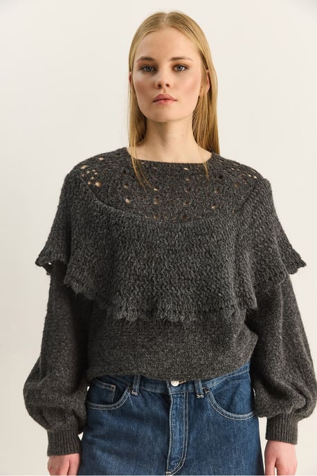 Ribbed Boat Neck Thick Sweater with Frilly Detail - Image 4