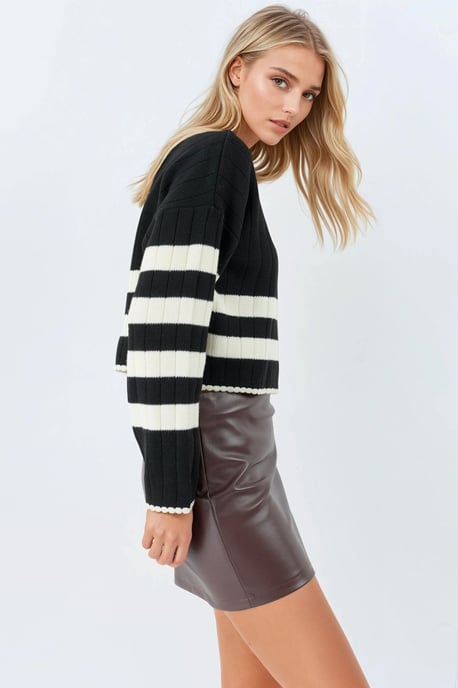 Striped Ribbed Knit Sweater with Crew Neck - Image 2