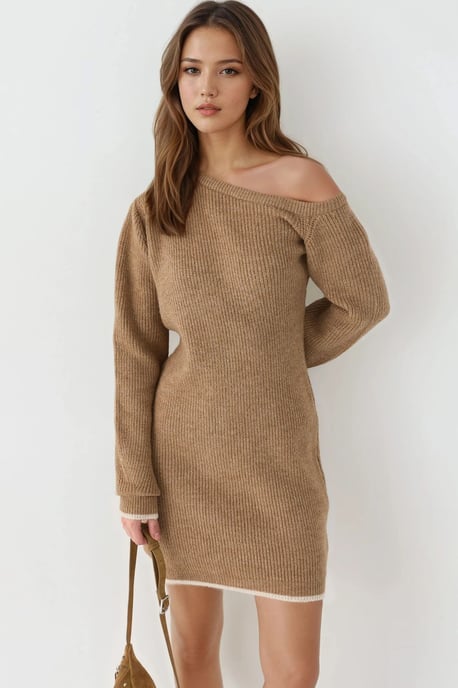 Asymmetrische Kraag Geribbelde Gebreide Jurk - Image 1