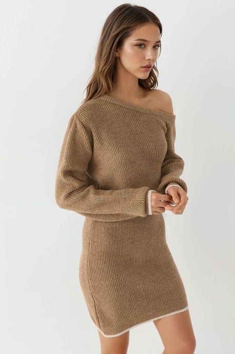 Asymmetrische Kraag Geribbelde Gebreide Jurk - Image 5