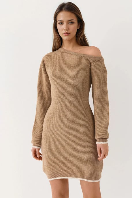 Asymmetrische Kraag Geribbelde Gebreide Jurk - Image 6