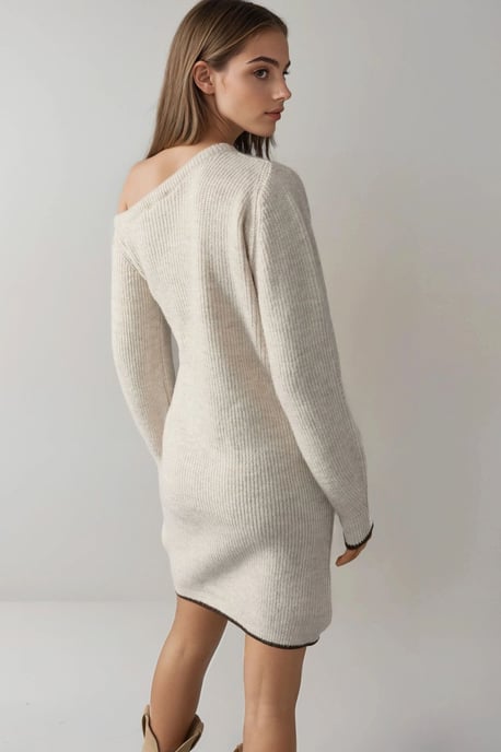 Asymmetrische Kraag Geribbelde Gebreide Jurk - Image 3