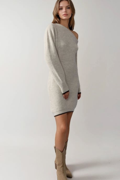 Asymmetrische Kraag Geribbelde Gebreide Jurk - Image 4