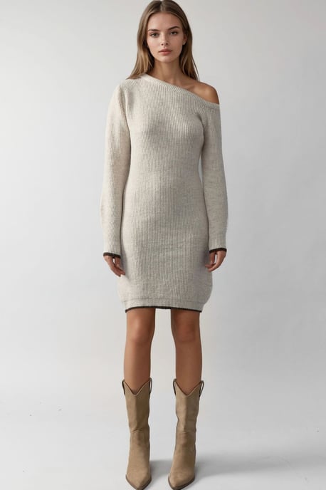 Asymmetrische Kraag Geribbelde Gebreide Jurk - Image 6