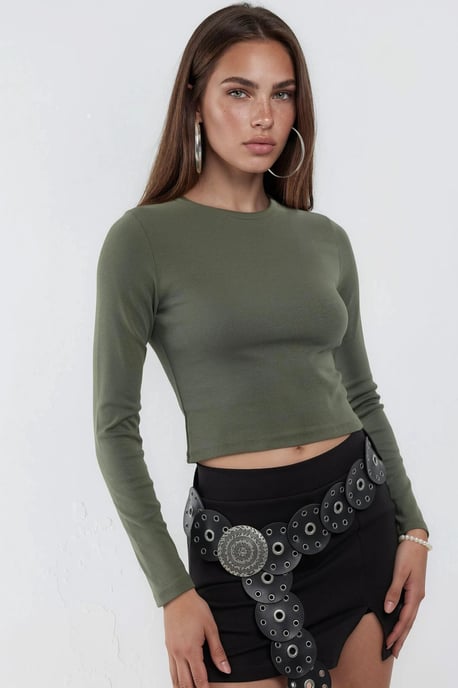 Slim Fit Lange Mouwen Crop Top met Ronde Hals - Image 2