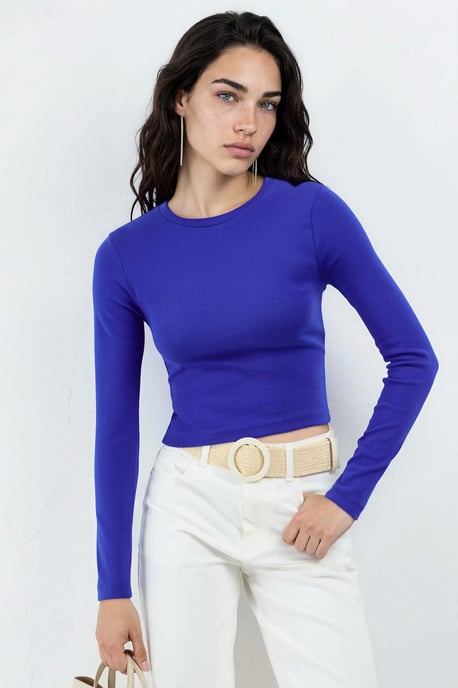 Slim Fit Lange Mouwen Crop Top met Ronde Hals - Image 1