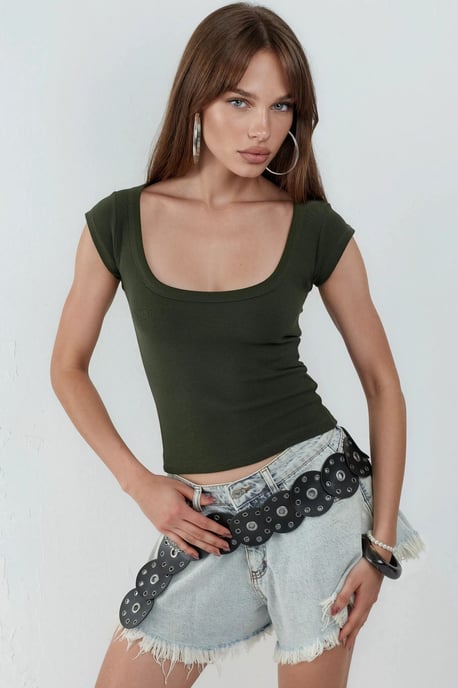 Slim Fit Ribbed U Collar Blouse - Image 1