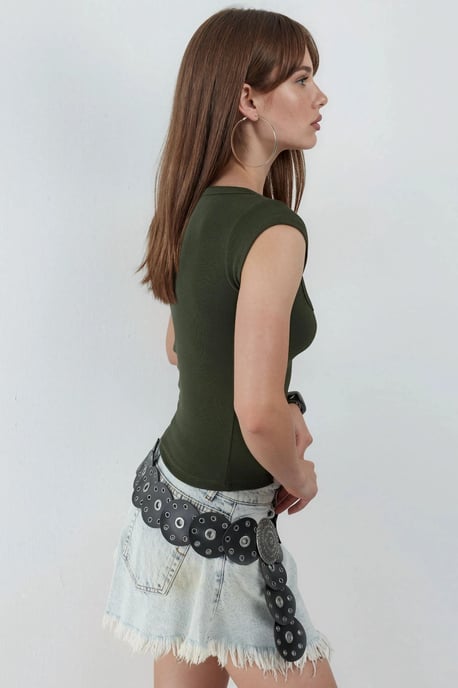 Slim Fit Ribbed U Collar Blouse - Image 2