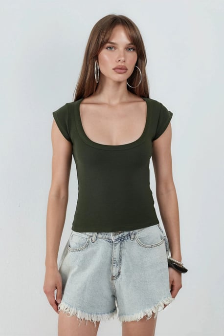 Slim Fit Ribbed U Collar Blouse - Image 6