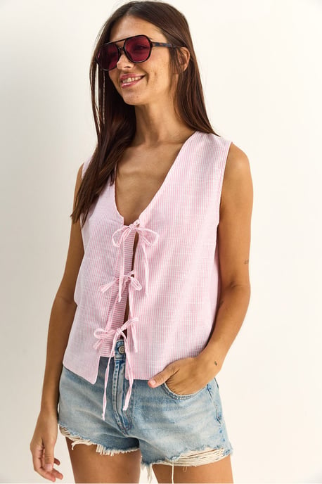 Gestreepte V-hals Blouse met Strikdetail - Image 2