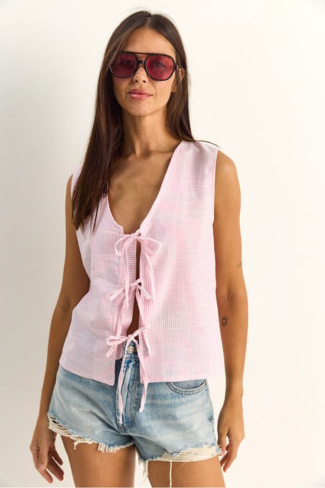Gestreepte V-hals Blouse met Strikdetail - Image 3