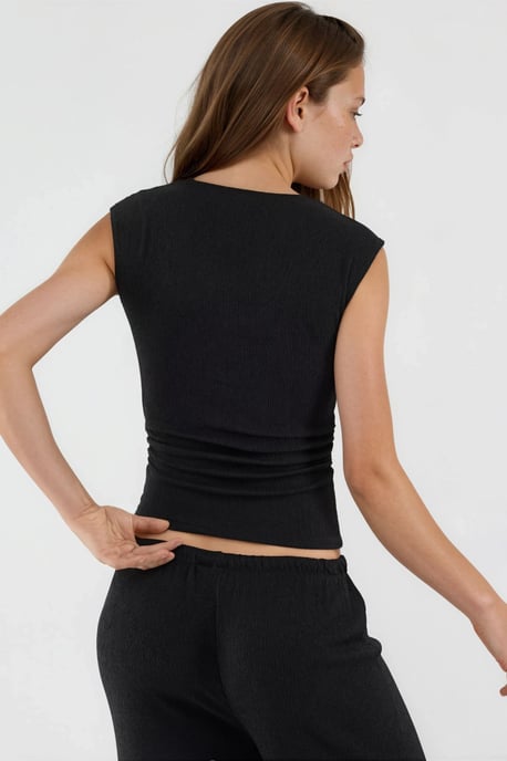 Ribbad ärmlös blus med rund hals - Image 3