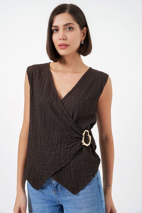 Textured V-Neck Sleeveless Wrap Top - Image 2