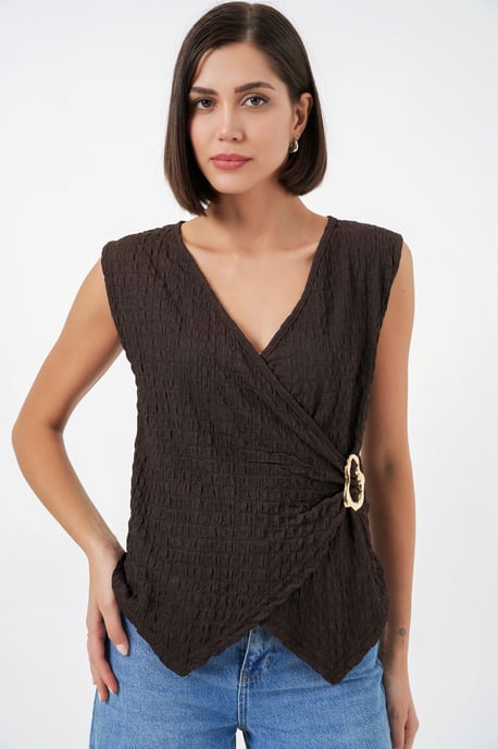 Textured V-Neck Sleeveless Wrap Top - Image 3