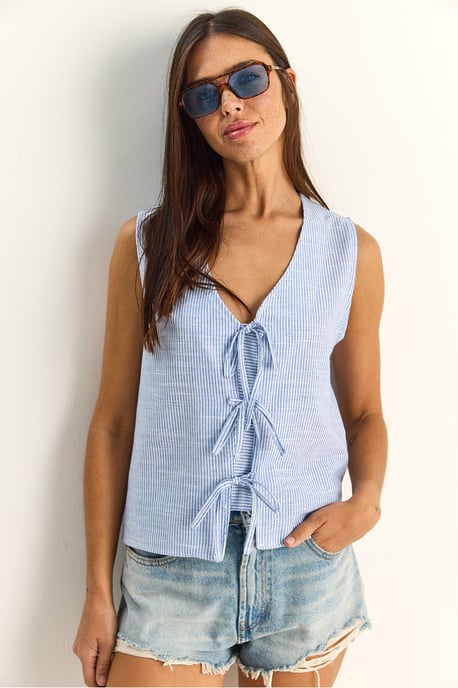 Gestreepte V-hals Blouse met Strikdetail - Image 1