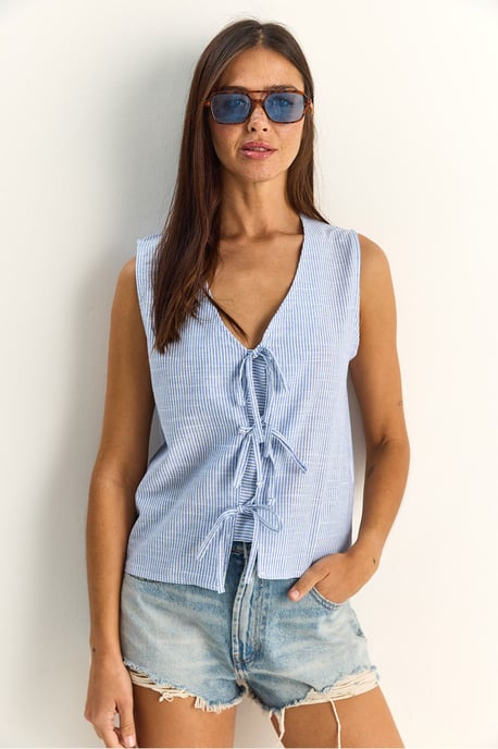 Gestreepte V-hals Blouse met Strikdetail - Image 2