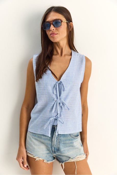 Gestreepte V-hals Blouse met Strikdetail - Image 3