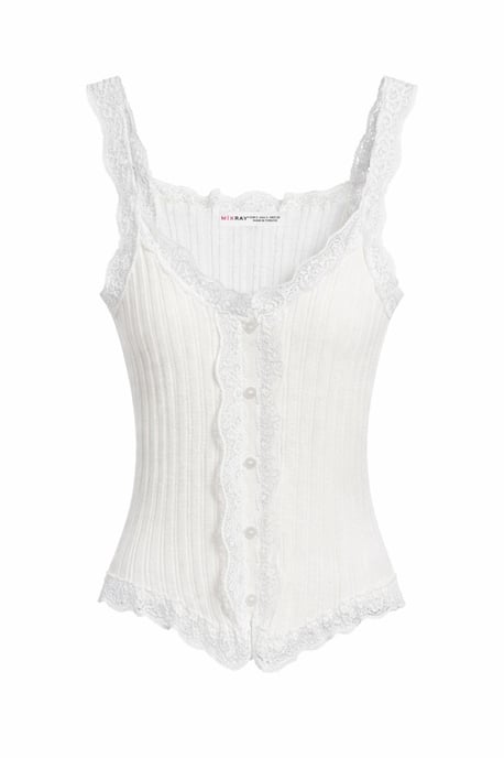 Figurformad ärmlös blus i spets med ribbad struktur och knappar - Image 1