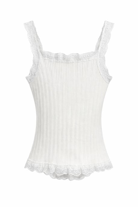 Figurformad ärmlös blus i spets med ribbad struktur och knappar - Image 2
