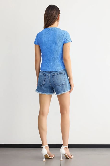 Short-Sleeve Round Neck Cropped Top in Textured Twisted Fabric - Image 5