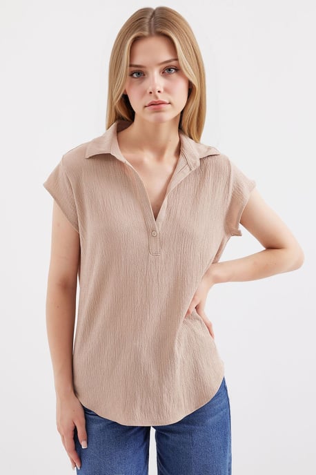 Texturerad polotröja blus med knäppning - Image 3