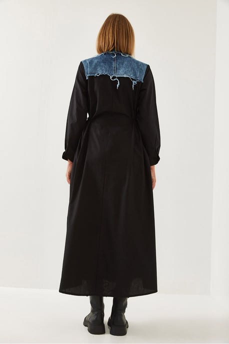 Texturerad Gabardin Maxikjol med Skjortkrage och Knäppning - Image 3