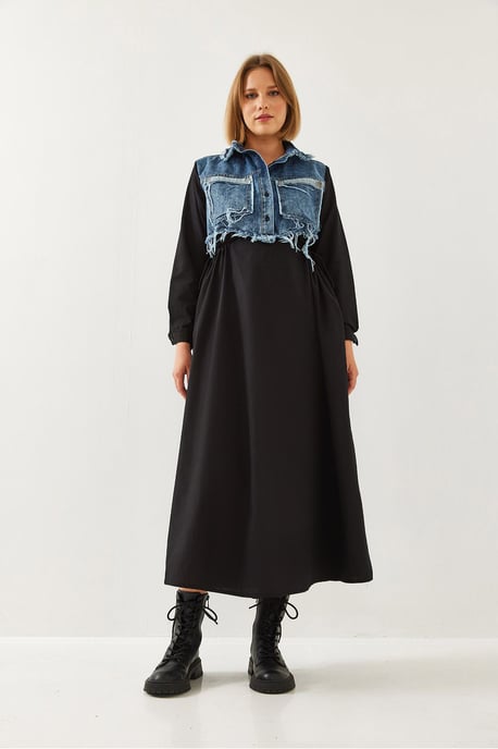 Texturerad Gabardin Maxikjol med Skjortkrage och Knäppning - Image 4