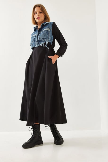 Texturerad Gabardin Maxikjol med Skjortkrage och Knäppning - Image 5