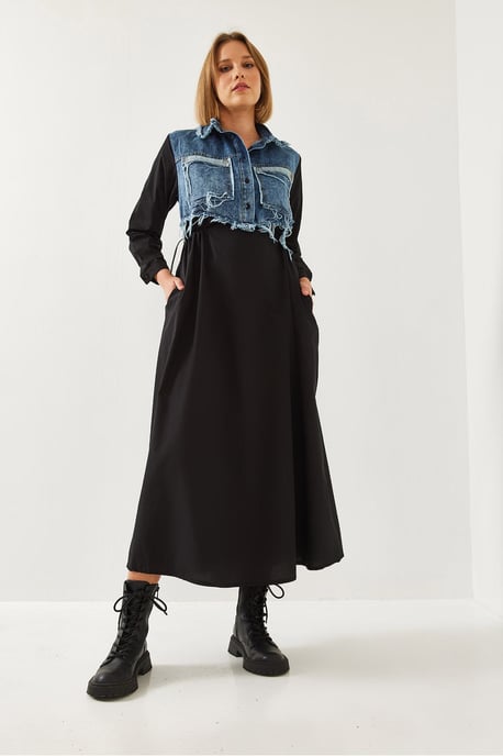 Texturerad Gabardin Maxikjol med Skjortkrage och Knäppning - Image 6