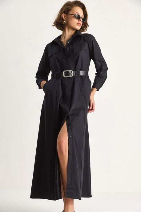 Maxi-jurk met lange mouwen, knoopsluiting en overhemdkraag - Image 4