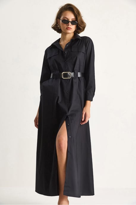Maxi-jurk met lange mouwen, knoopsluiting en overhemdkraag - Image 5