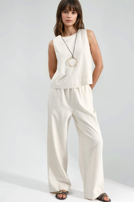 Linen Sleeveless Blouse & Pocketed Pants Set - Image 1