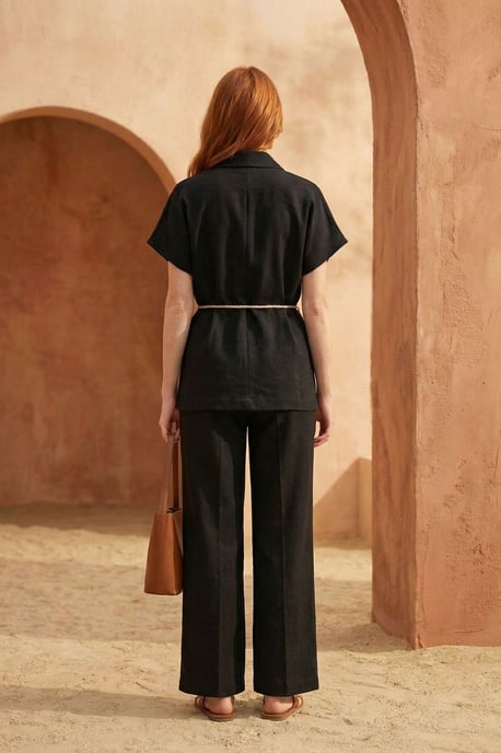 V-hals Ge knopte Blouse & Hoge Taille Broek Twee-Delige Set - Image 3