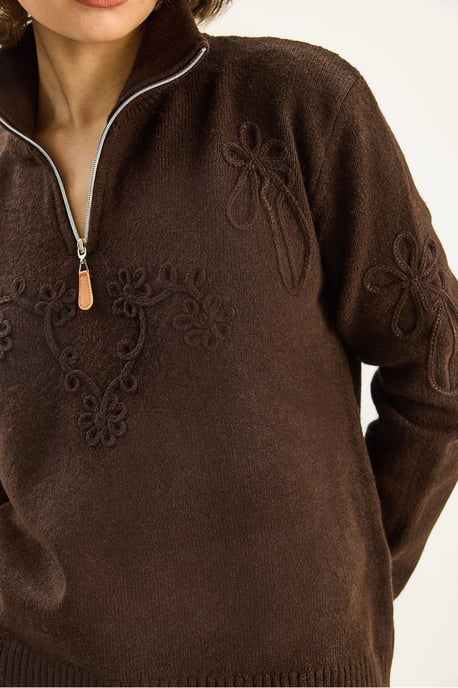Embroidery Detailed Zipped Collar Knit Sweater - Image 6