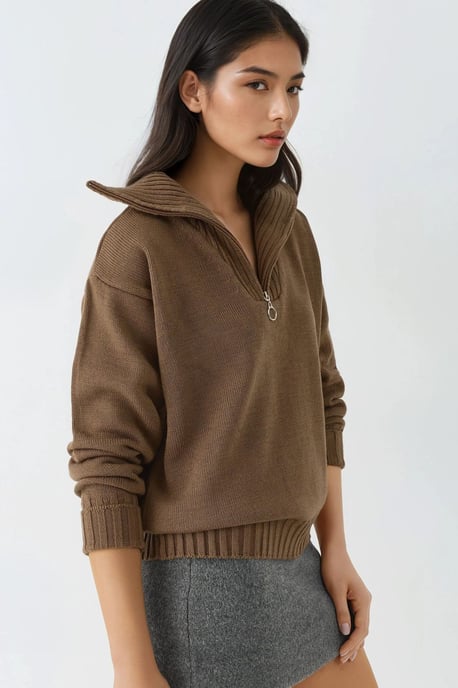 Oversized Ribbed Knit Sweater with Zipper Collar - Image 2