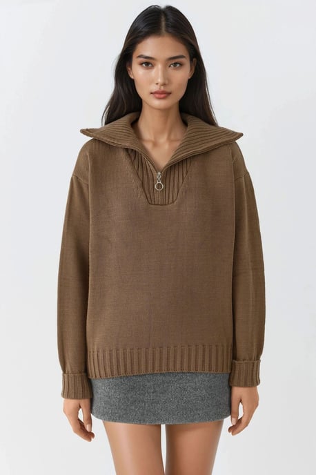Oversized Ribbed Knit Sweater with Zipper Collar - Image 6