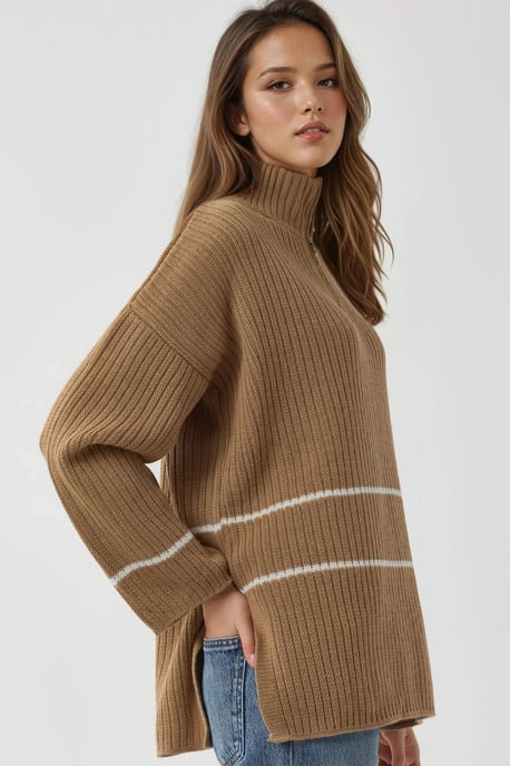 Loose Fit Striped Sweater with Zipper Collar - Image 2