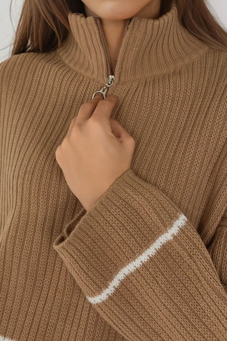 Loose Fit Striped Sweater with Zipper Collar - Image 4