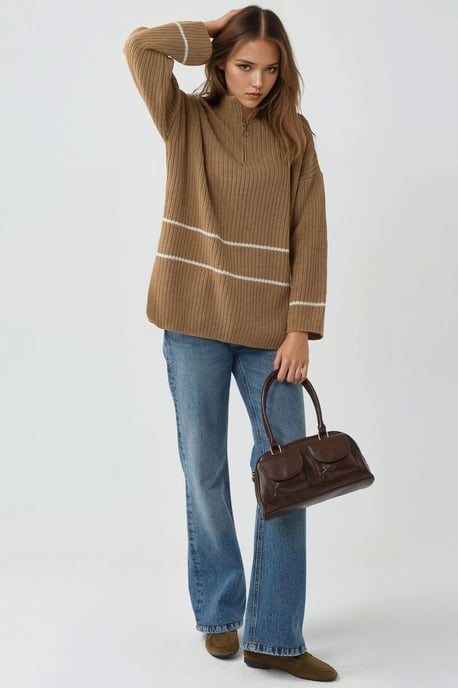 Loose Fit Striped Sweater with Zipper Collar - Image 5