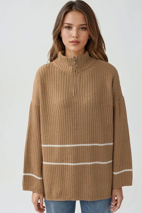 Loose Fit Striped Sweater with Zipper Collar - Image 6