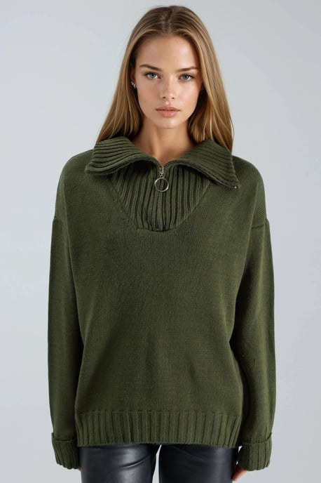 Oversized Geribde Gebreide Trui met Ritskraag - Image 4